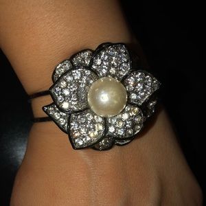 Silver tone hinge bangle bracelet Crystals Rose